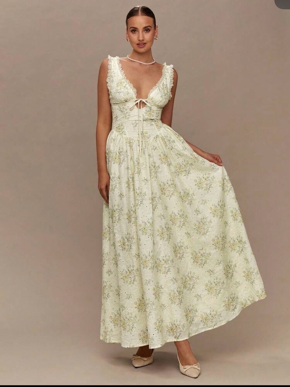 SHEIN Ivory Floral Lace-Trim Maxi Dress